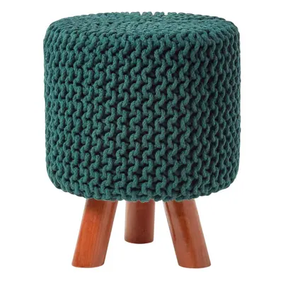 (Forest Green) Tall Knitted Cotton Footstool with Tripod Wooden Legs