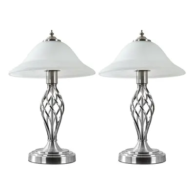 Pair of - Traditional Style Satin Nickel Barley Twist Table Lamps with a Frosted Alabaster Shade