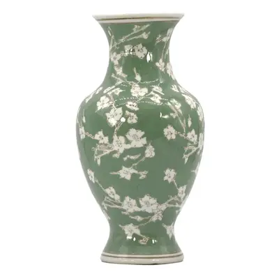 Galt International Floral Chinoiserie Ceramic Vase Green Sakura Hand Painted Antique Style Porce