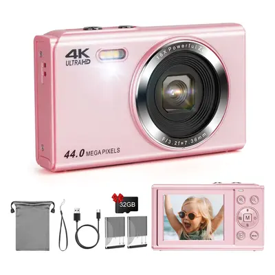 (Pink) Digital Camera, FHD 1080P 44MP Compact Camera,Vlogging Camera with 32G SD Card, 2.4" LCD 