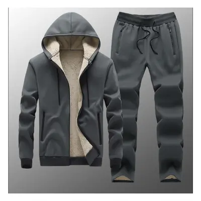 (grey, XXL) Tracksuit Men Winter Thick Casual Hoodies Sportswear Sets Warm Sweatshirts Fleece Pc