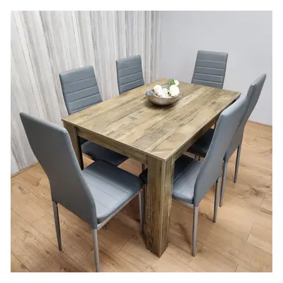 Dining Table and Chairs Rustic Effect Wood Table Grey Leather Chairs Dining Room