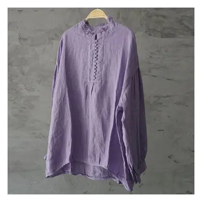 (purple, One Size) Johnature Autumn Cotton Linen Stand Button Long Sleeve Irregular Loose Shirts