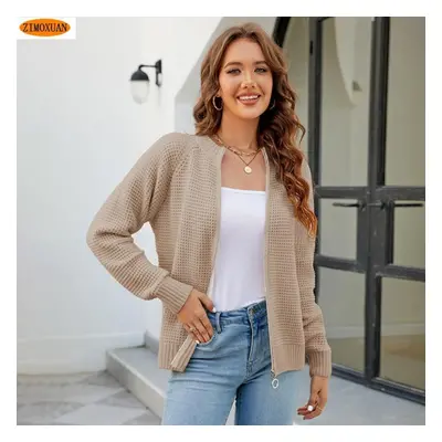 (khaki, S) Zimoxuan Casual Round Neck Sweater With Zipper - Trendy Knitted Cardigan For Women