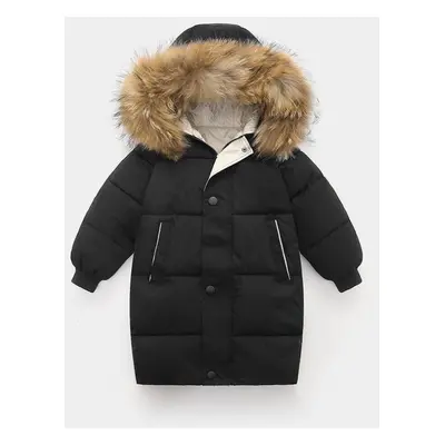 (black, 120cm) Big Fur Collar Children&apos;s Down Jacket Boy&apos;s Cotton Coat Mid-length Girl