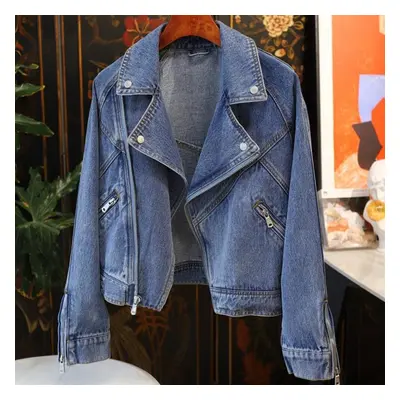 (denim blue, L) Women&apos;s Spring And Autumn Fashion Long Sleeve Denim Jacket