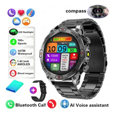 (black, Steel + silicone) New Outdoor Military Gps Smart Watch Men Amoled Hd Screen Heart Rate B