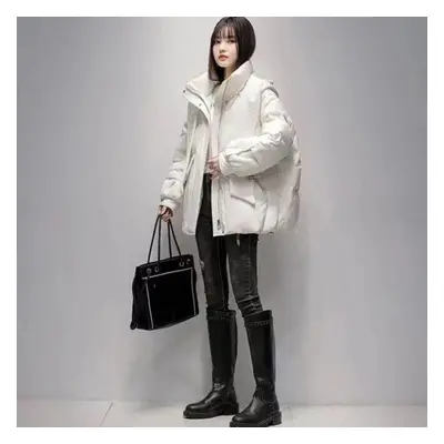 (white, L) Thickened Winter Students&apos; Hooded Cotton-padded Jacket Short Warm Coat With Scar