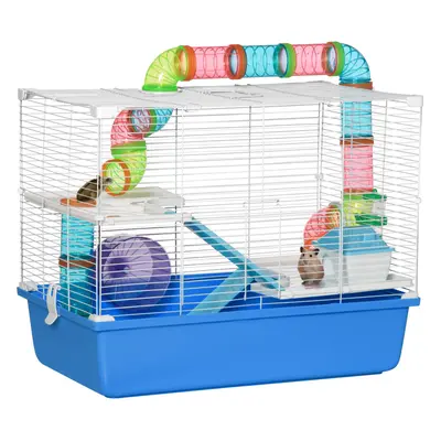 PawHut Hamster Cage w/ Tubes Exercise Wheel, Water Bottle, Food Dish - Blue