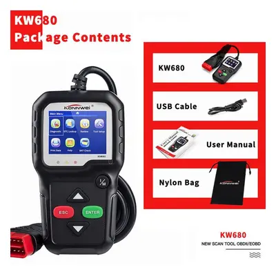 (black) Konnwei Obdii Can Diagnostic Tool Car Code Reader Kw680 Engine Light Scan Tool Obd Ii Sc