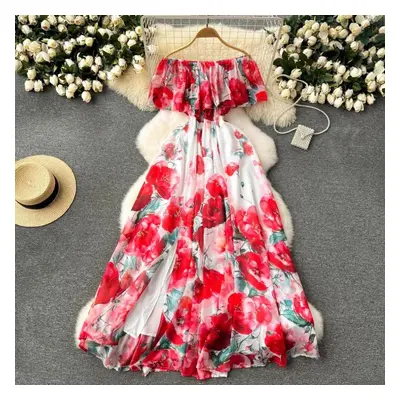 (red, XXL) Summer Off Shoulder Gorgeous Flower Holiday Chiffon Dress Women Slash Neck Floral Pri