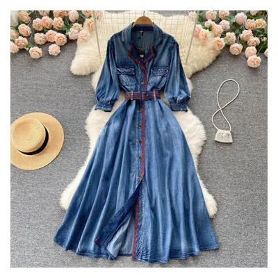 (blue, L) Rugod Spring And Autumn New Retro Denim Dress Women&apos;s Long-sleeved Design Waist S