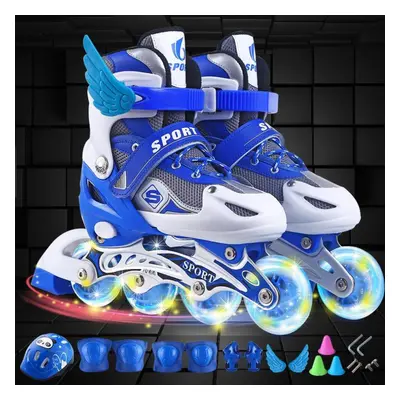 (blue, M) Roller Skates Children&apos;s Skating Shoes Adjustable Telescopic Pulley Shoes Flash M