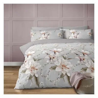 Anemone grey duvet cover set with large white floral print. King Bed