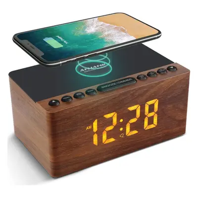 (FM Radio, Brown) Bedside Wooden FM Radio Alarm Clock, 10W Ultra-Fast Wireless Charger for iPhon