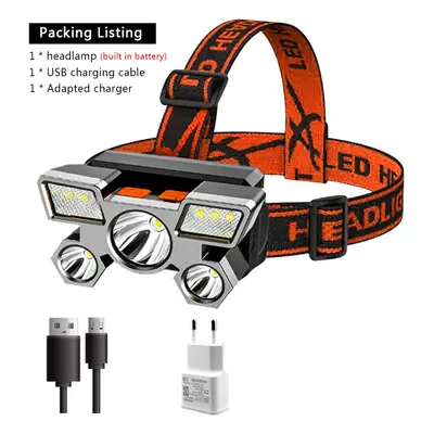 (B Packing) 5LED Bright Portable Headlamp USB Rechargeable Built-in Battery Flashlight Lightweig