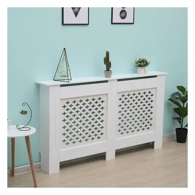 (White, Large) Radiator Cover MDF Wooden Slatted Grill Decorative