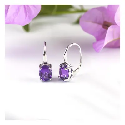 (purple, m) Oval 9*7mm Natural Amethyst Stud English Hook Clasp Earrings Real Sterling Silver Je