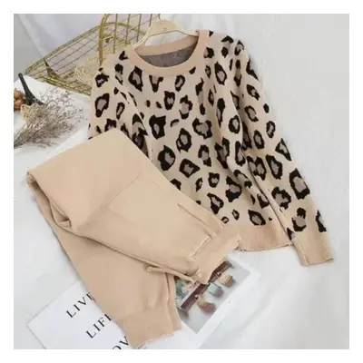 (dark khaki, M) 2pcs/set Women Knit Leopard Pullover Sweaters+pants Sets Woman Fashion Jumpers T