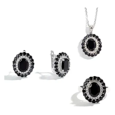 (black, US RING SIZE:8#) Elegantly Designed Natural Black Spinel Ring Earrings Necklace Set S925