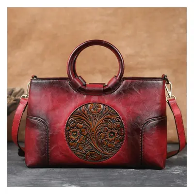 (red) Johnature High Quality Leather Women Bag Retro Handmade Embossed Shoulder Bags Large Capac