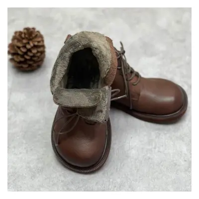 (coffee, 39-Plush) Johnature Genuine Leather Winter Boots Women Shoes Zip Round Toe Flat With Ha