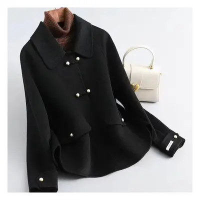 (black, XXL) Short Double-sided Plush Woolen Coat, Loose Fit And Trendy Jacket For Petite Women 