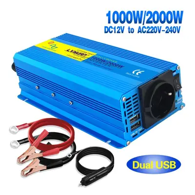 (blue, 12V 220V EU Socket) 2000w (peak) Dc 12v/24v To 230v 1000w Rated Power Pure Sine Inverter 