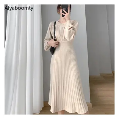 (apricot, One Size) Korean Style Autumn Winter Women Midi Dress Black Purple Apricot Knitting Ov