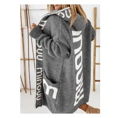 (Grey, L) Knitted Sweater Winter Medium Length Cardigan Letter Hooded Knitted Women&apos;s Sweat