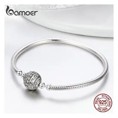 (17) Bamoer Authentic Sterling Silver Dazzling Clear Cz Round Clasp Snake Chain Bracelet 17-20cm