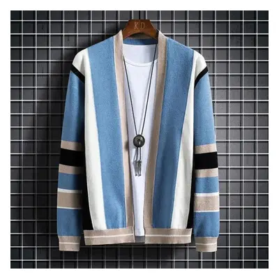 (blue, 2XL) Knit Sweater Male Coat Cardigan Men&apos;s Clothing Jacket Striped V Neck Blue Large