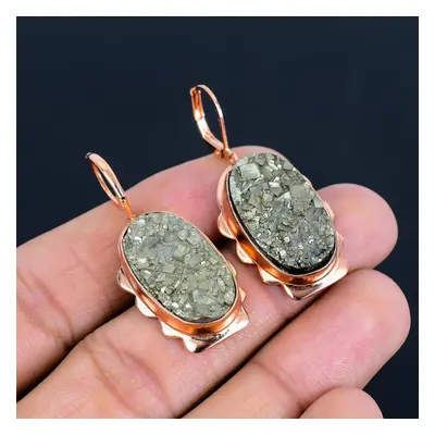 (green, 1.69 inches) Pyrite Druzy Gemstone Handmade Copper Jewelry Amazing Earring For Her