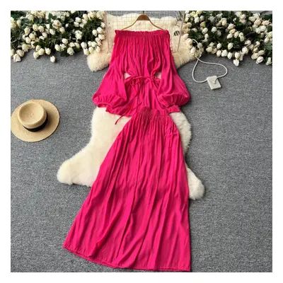 (rose red, One Size) Gentle Two Piece Sets Women Slash Neck Off Shoulder Lantern Long Sleeve Sli