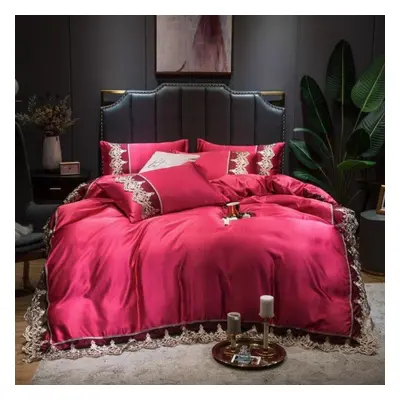 (rose, Plus size) 4pcs Lace Bedding Set Duvet Cover Set With Flat Sheet Zipper Closure Twin Quee