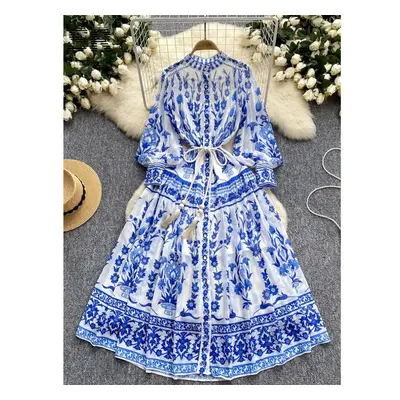 (blue, M) French Style Court Chiffon Dress Women O Neck Single Breasted Long Sleeve Ladies Print