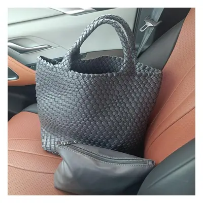 (dark gray) Pu Leather Bucket Bag For Women Soft Leather Tote Bag Shoulder Bag Luxury Knitting D