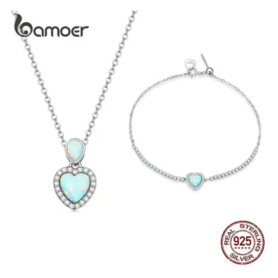 (925 S) Bamoer Sterling Silver Exquisite Opal Heart-shaped Pendant Bracelet & Necklace Set For W