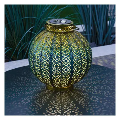 Blue and Gold Moroccan LED Lantern 25cm Solar Power | Outdoor Garden Patio Table Decoration