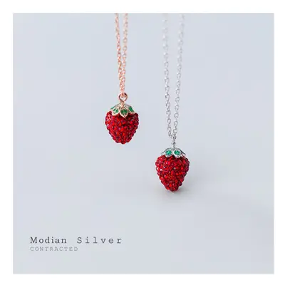 925 Sterling Silver 3D Strawberry Pendant Necklace for Women Crystal Chain Link Necklaces Fine J