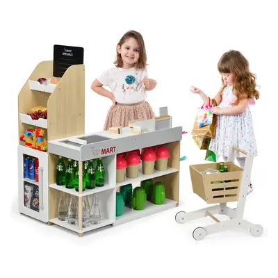 Pretend Grocery Store Toy Wooden Supermarket Playset w/ Shopping Cart