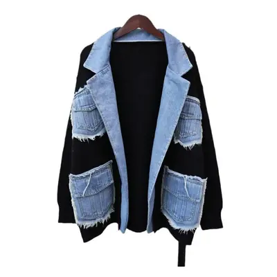 (Black, One Size) Autumn Winter Denim Pocket Spliced Women Sweater Jacket Casual Versatile Knit 