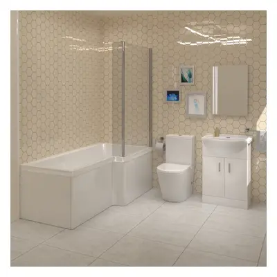 L-Shaped RH Shower Bath, White Basin Vanity Unit Closed Coupled Toilet