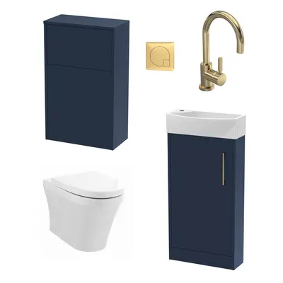 Cloakroom Suite - Right Hand 440mm Vanity, WC Unit, Toilet and Tap - Blue/Brass