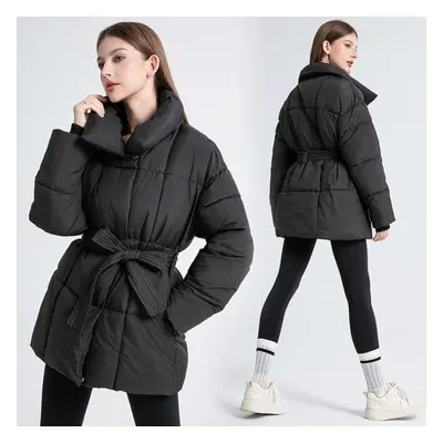 (black, XXL) Autumn Winter Warm Jacket Women Solid Color Slim Medium Long Stand Collar Coat Park