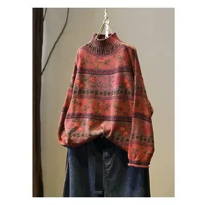 (One Size, red) Johnature Korean Vintage Floral Print Mock Neck Casual Loose Sweater Woman Autum