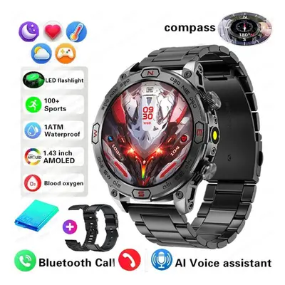 (black, Steel+Silicone+Leather) New Outdoor Military Gps Smart Watch Men Amoled Hd Screen Heart 