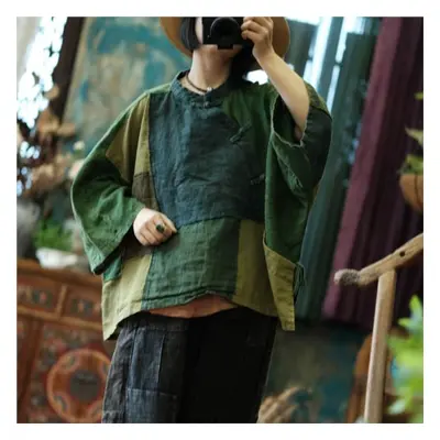 (One Size, green) Johnature Women Vintage Patchwork Shirts Tops Chinese Style Stand Long Sleeve 