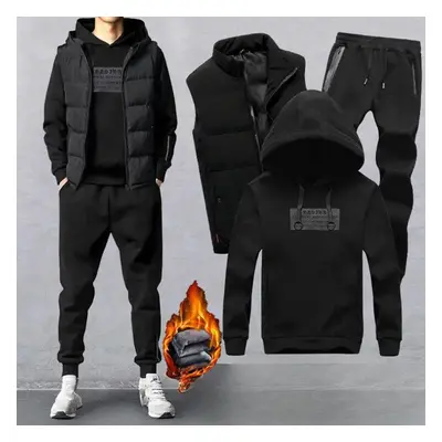 (black, S) Autumn And Winter Sports Suit Men&apos;s Three-piece Suit Hooded Sweater Plus Velvet 