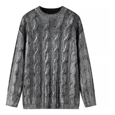 (L, silver) Fall/winter Silver Foil Sweater Women&apos;s Metal Knit Pullover Top Long Sleeve Cab